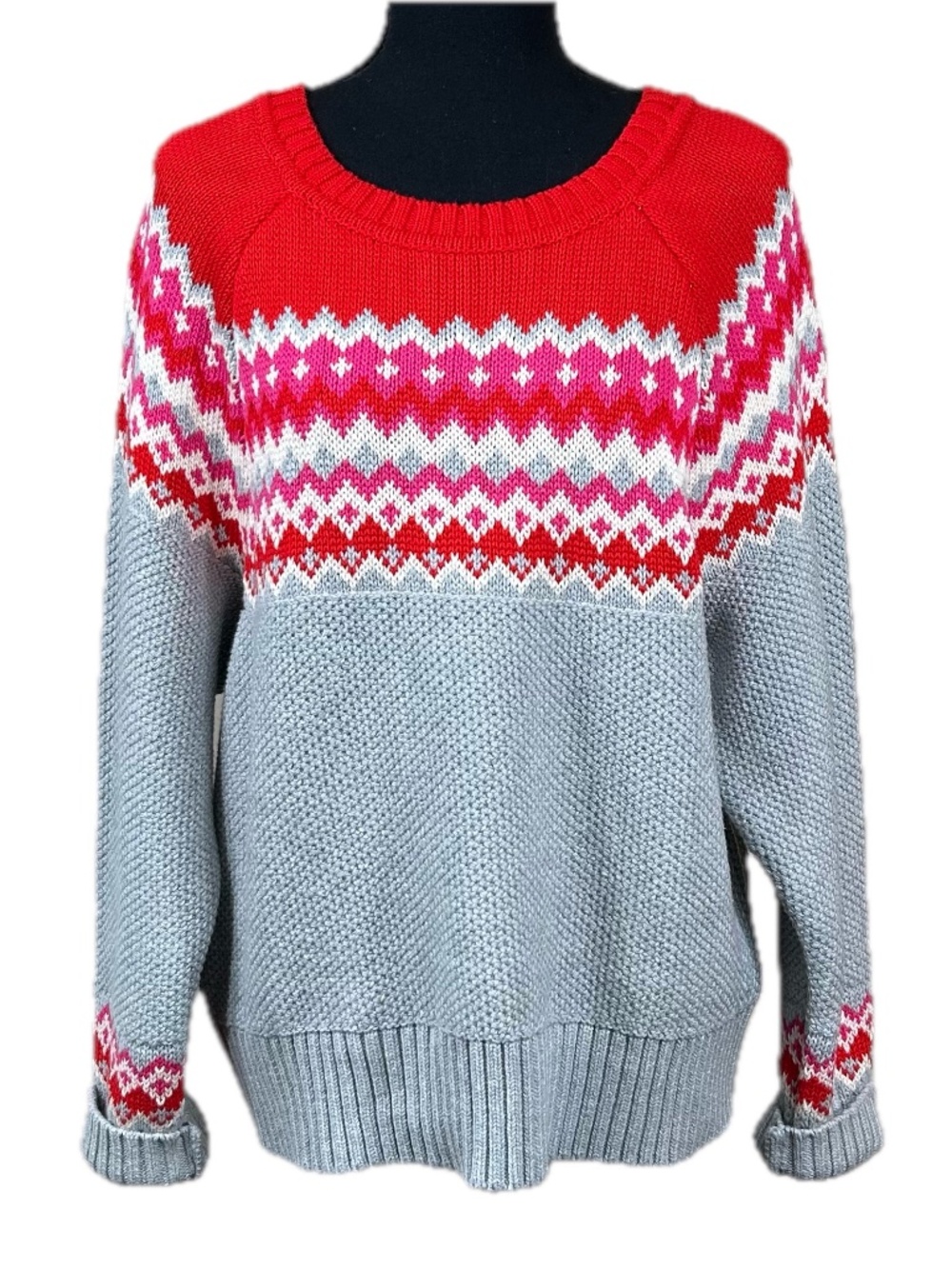 525 Born in Bklyn Cotton Pink Gray Fair Isle Sweater Size XL